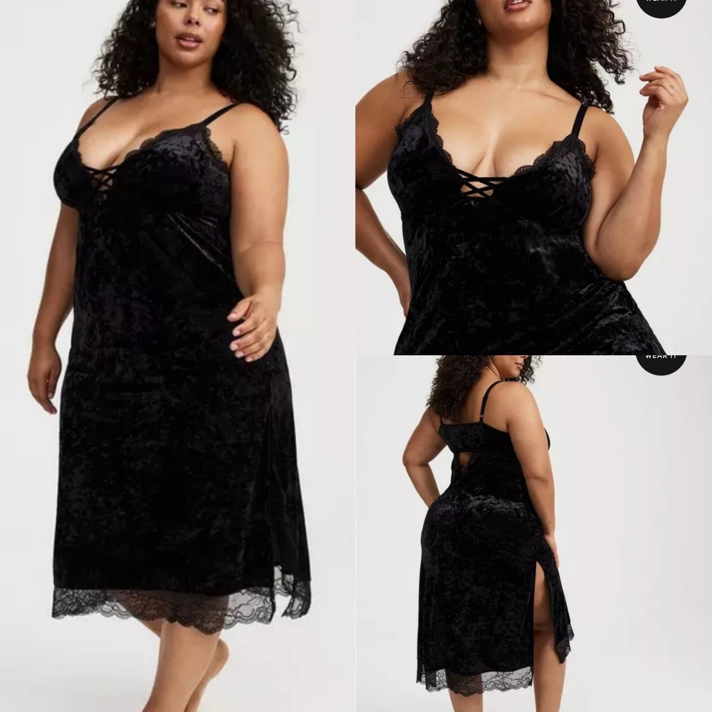 NEW Torrid Plus Size 1 Black Velour Lingerie Maxi Slip Dress Nightgown
